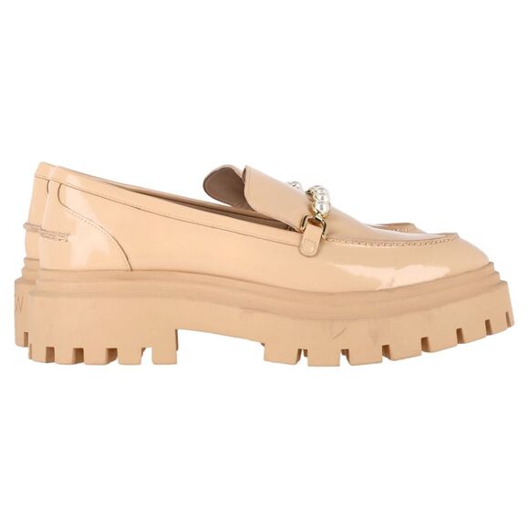 Stuart Weitzman Shoes - Stuart Weitzman Perla Embellished Platform Loafers in Beige Patent Leather